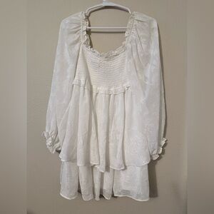 Altar'd State White Smocked Peasant Tunic with Ruffle Neck